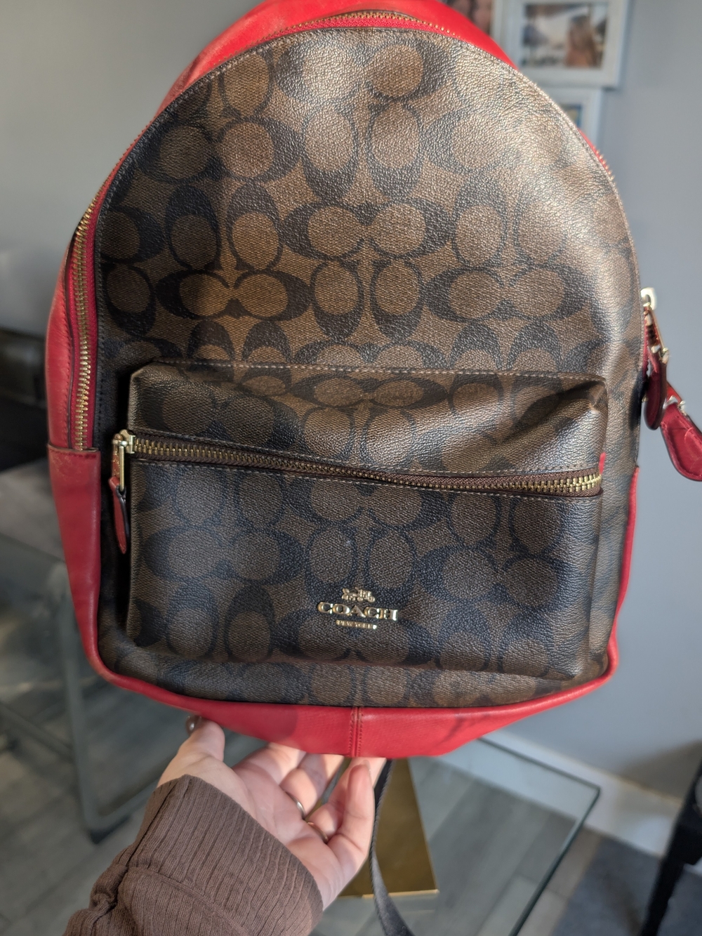 Coach Brown Signature Canvas Mini Backpack with Red Leather Trim
